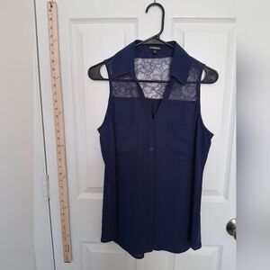 Express Women's Navy Sleeveless Top with Lace Detail